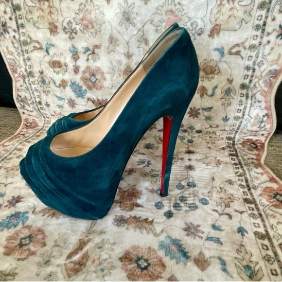 Christian Louboutin Ruched Teal Peep-Toe Suede Heels - Picture 7 of 9